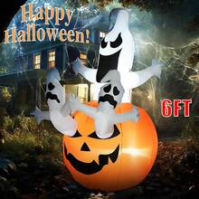 6 Ft Halloween Inflatables Outdoor Decorations Jack-O-Lantern Pumpkin And Ghosts, Blow Up LED Yard Decor For Indoor Outdoor Party Garden Lawn Holiday Decor