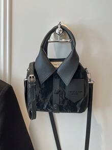 1 件黑色不对称 PU 皮革手提包，女士时尚手提包，可单肩或斜挎，秋冬 - 黑色 - 查看 2