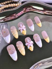 10 pezzi Unghie finte da donna a mandorla, punte francesi artigianali 3D con decorazioni floreali e gocce d'acqua multicolore, unghie acriliche lucide e complete, set per manicure con colla per unghie, regalo per Natale, feste di compleanno, collezione di unghie natalizie