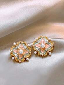 1 Pair Vintage French Elegant Luxury Enamel Floral Design Earrings, Unique Style For Women, Suitable For Daily Wear, Dance, Date, Party - 彩色 - 查看 4