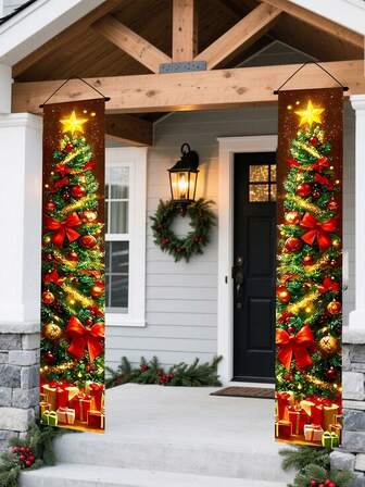 1 Set Christmas Decoration Christmas Tree Christmas Porch Sign Banner Hanging Santa Outdoor Christmas Banner Front Door Sign Banner For Indoor Outdoor Holiday Home Decor
