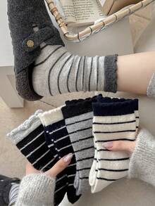 3 pares de calcetines gruesos y cálidos de lana con rayas para mujer, calcetines minimalistas de moda suaves hasta el tobillo, para otoño/invierno