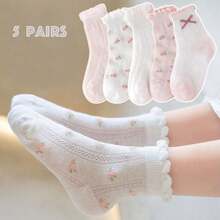 5 pares de calcetines finos de malla elástica con borde con volantes para niñas, lindos calcetines deportivos rosa y blanco, para primavera/verano