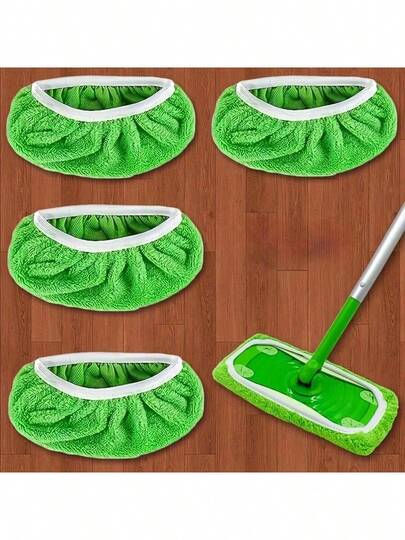 4 Reusable Mop Pads: Washable, Highly Absorbent, Suitable For Both Dry And Wet Cleaning, Green Polyester Fiber With White Edge Circular Design, Compatible With Most Flat Mops, No Mop Head Included, Efficient Floor Care Tool, Meticulous Surface Treatment, Highly Absorbent Material