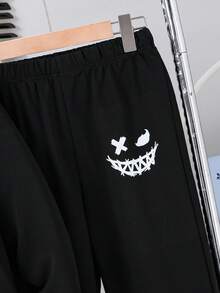 2pcs/Set Boys Smiling Face Print Casual Sports Hoodie Sweatshirt And Elastic Waist Jogger Pants Set, Autumn/Winter - Black - View 5