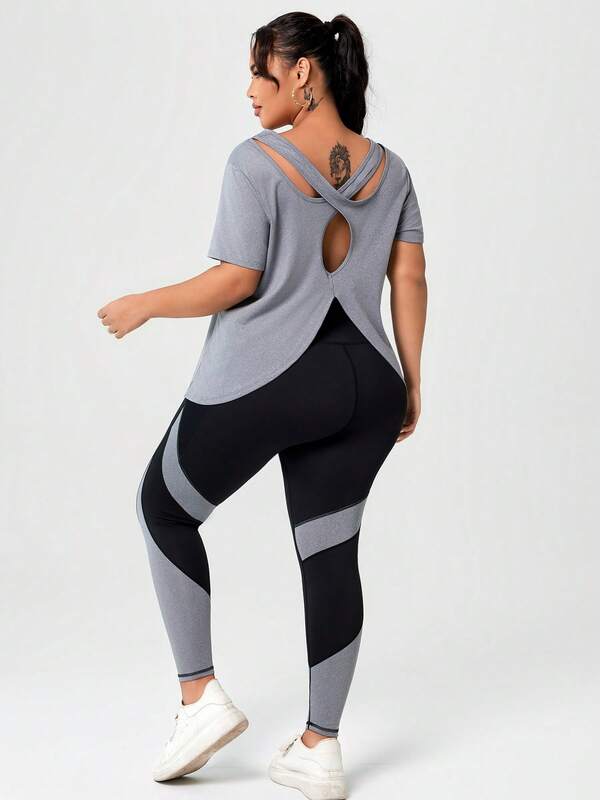Rhythm Era Plus Size Sports Tee & Mesh Insert Sports Leggings With Phone Pocket Workout Women Set