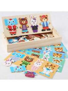 1件儿童木制拼图早教卡通动物换装拼图小熊换装拼图趣味男孩女孩玩具礼物婴儿拼图板 - 彩色 - 查看 7