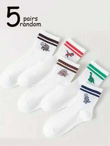 5 Pairs Random Color Men's Striped Dinosaur Pattern Comfortable Soft Casual Mid-Calf Socks