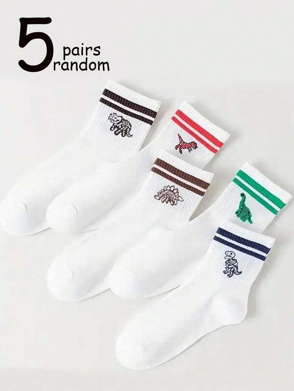 5 Pairs Random Color Men's Striped Dinosaur Pattern Comfortable Soft Casual Mid-Calf Socks