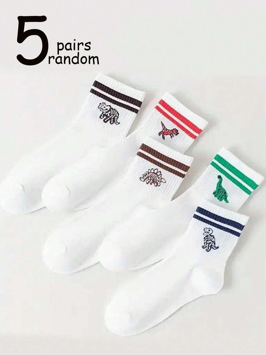 5 Pairs Random Color Men's Striped Dinosaur Pattern Comfortable Soft Casual Mid-Calf Socks