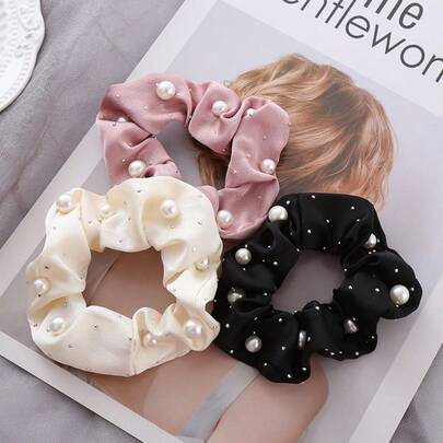 3pcs/Set Women's Fabric Satin Rhinestone Hair Scrunchies, Elegant & Delicate, High Elasticity & Gentle On Hair, Fashion Hair Accessories For Buns, Ponytails, Daily Wear (Pearl Position May Vary Due To Shooting Angle) ,Ponytail Holders ,Hair Elastics ,Hair Rubber Bands ,Hair Rope ,Elastic Hair Tie