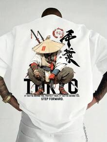 Real Man~Men'S Anime Samurai Graphic T-Shirt - Japanese Text Back Print, Lightweight Summer Tee For Cosplay, Casual Attire - Anime Fan Apparel, Anime Clothes, Casual Wear, Bold Print Shirt, Comfortable Fit, Short Sleeve Top, Streetwear Lovers, Casual Outfit, Handdrawn Design, Breathable Material, Print Shirt, Streetwear Enthusiasts - 白色 - 查看 1