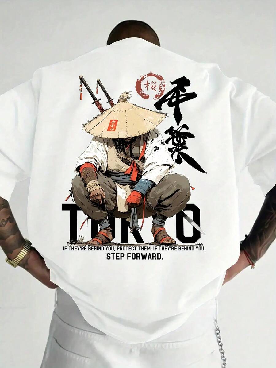 Real Man~Men'S Anime Samurai Graphic T-Shirt - Japanese Text Back Print, Lightweight Summer Tee For Cosplay, Casual Attire - Anime Fan Apparel, Anime Clothes, Casual Wear, Bold Print Shirt, Comfortable Fit, Short Sleeve Top, Streetwear Lovers, Casual Outfit, Handdrawn Design, Breathable Material, Print Shirt, Streetwear Enthusiasts - 白色 - 查看 1