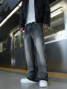 男士拼布微喇叭牛仔裤，紧身破洞喇叭裤，Y2K 叠层水洗刺绣牛仔裤，百搭四季皆宜