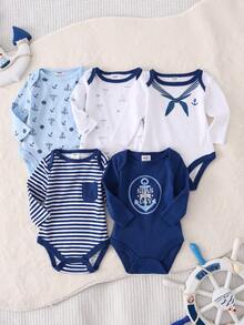 DILAVEL 5PCS Autumn And Winter New Baby Long Sleeved Crawling Clothes For Boys, Girls, And Babies, Combined Triangle Bodysuit, Navy Pattern Series, Simple And Fashionable Outdoor Outfit - Blue - View 2