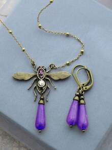 3pcs Dragonfly Geometric Pendant Necklace & Earrings Set, Multi-Color Metal, Natural Stone, Zirconia, Pearl, Vintage Classic Design For Women Party