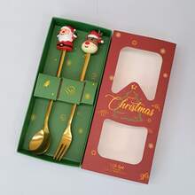 2pcs Christmas Spoon Set, Christmas Gift Tableware, Dessert Spoon & Fork With Santa Claus & Reindeer Figurine - Multicolor - View 15