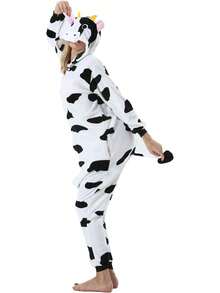 1 Stück Plüsch Kuh Tier Kostüm Hausanzug Warme Pyjamas Cosplay Outfit, Unisex geeignet für Herbst/Winter Party, Paare Geschenk (Wähle passende Größe, Länge basierend auf Körpergröße, gleiche Methode für Männer und Frauen), Party Kleid - Schwarz und Weiss - Übersicht 6