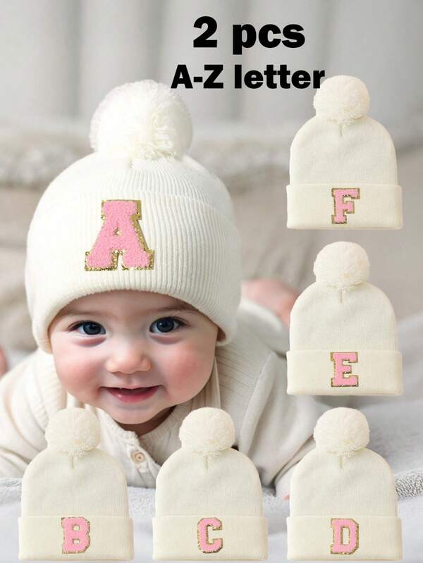 2pcs Baby Letter Print Beanie Hat, Newborn Hospital Cap, Suitable For Baby Boys And Girls Daily Warmth And Ion Outdoor Accessory,Winter Baby Hat