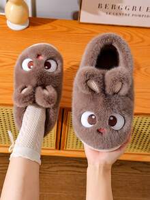 2025 女士低跟软底一脚蹬拖鞋，圆头简约，冬季日常休闲秋冬保暖，可爱兔子万圣节拖鞋 - 咖啡 - 查看 2