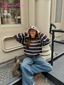 Jersey de punto con cuello redondo y rayas de contraste, estilo casual de influencer joven, estilo Holochristmas, otoño/invierno 2025