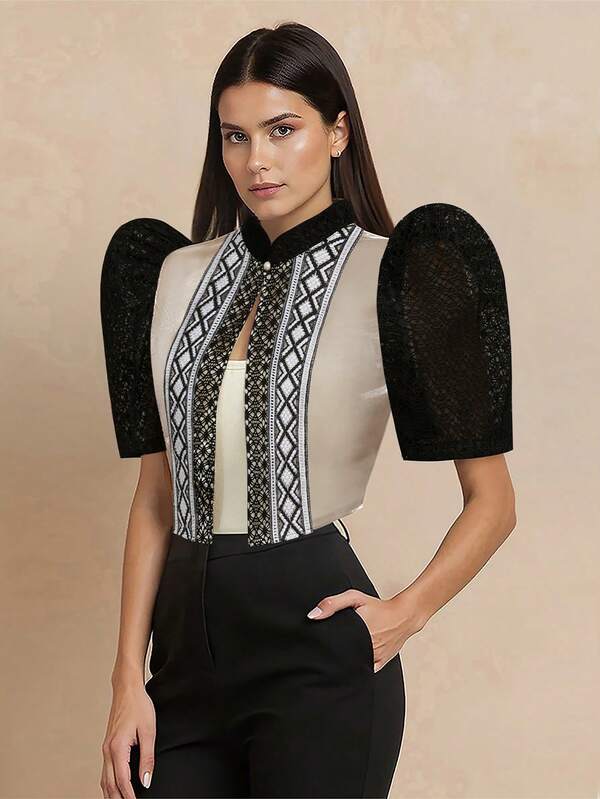 Amyenjoylife Modern Filipiniana Ladies' Elegant Patchwork Bubble Sleeve Cardigan Jacket