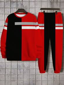 Conjunto de sudadera y pantalones a rayas negras y rojas con parches para hombre, casual y de moda, adecuado para actividades al aire ejercicio, ropa de otoño