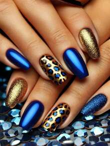 Nails Press On Nails Nail Supplies Update Your Image And Show The Charm Of Your Fingertips. Medium And Rectangular Nail Patches, Golden Nail Patches, Leopard Print Nail Patches, Summer Popular Fake Nail Patches - Blue - View 2