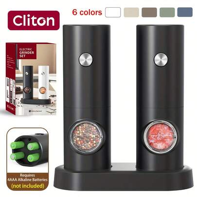 CLITON 单个电动胡椒研磨器或带两个支架的套装 - 有黑色、白色、奶油色、绿色、蓝色、棕色可选 - 陶瓷研磨器带 LED 灯，研磨毫不费力 - 万圣节、圣诞节、新年、情人节、感恩节、母亲节、父亲节的完美礼物 - 非常适合露营烧烤和家庭厨房使用