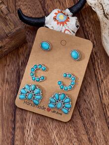 MONLOTTI 6/18/36pcs Western Turquoise Jewelry,Bohemian Turquoise Stud Earring Set,Fashion Vintage Jewelry Set For Woman,Pumpkin Flower, Oval, Circular, C-Shaped, Horse Shoe And Other Various Earring Stud Matching Turquoise Jewelry Set.,Suitable For Daily Gatherings And Matching For All Occasions, Gift For Woman, Western Jewelry,Earrings Women Earring Sets,My Orders Recently Purchased - Multicolor - View 3