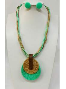 Braided Wire Necklace Set With Double Pendant + Resin Button Earrings – Sophistication In Every Detail. - Water Green - View 1