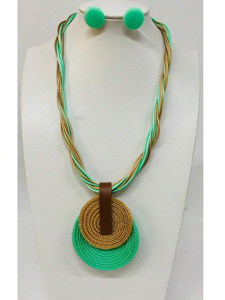 Braided Wire Necklace Set With Double Pendant + Resin Button Earrings – Sophistication In Every Detail. - Water Green - View 1