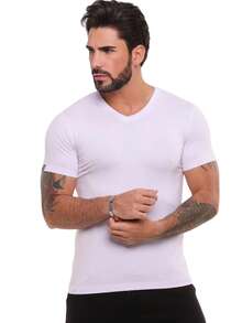 Blusa masculina gola V básica branca malha fria casual  confortável estilosa pratica perfeita - Branco - View 3