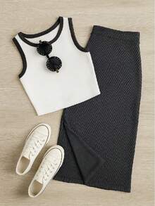 Conjunto Infantil e Juvenil para Meninas e Adolescentes Conjunto de 2 Peças Cropped Regata e Saia Midi Teen Canelado Ribana Moda Primavera Verão CJI003 - Preto - Visão 1