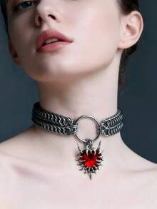 1pc Punk Heart Rivet Pendant Necklace, Metal Colorful Necklace Suitable For Party, Festival, Performance Outfit Matching - Silver - View 2