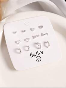 Set de 6 pares de aretes con diseño de corazón y forma de C chapados en plata para mujeres, regalo para mamá o novia
