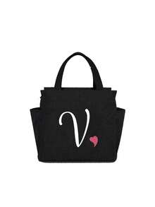 Insulating Lunch Bag, Letter Print Women Cooler Handbags Student Thermal Lunch Bags, For Work Canvas Food Tote Bag, High-Capacity Thermal Bag, For Women Insulated Refrigerated Lunch Box Bag, Picnic Bag, Fridge Bag Name Initials Letter Pattern Cooler Lunch Box ,Ice Pack Food Storage Bag For Traveling Portable Waterproof Bag Insulated Lunch Bag Lunchbox