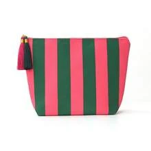 1 Piece Of Black And White Vertical Striped Canvas Cosmetic Bag, Contrasting Zipper Tassel Decorative Toiletry Bag, Simple Style Storage Bag, Suitable For Travel And Daily Skin Care Organization Make Up Bag - Multicolor - View 3