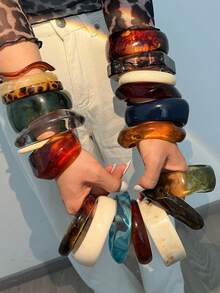 随机21/16/11/8/4/1件 复古优雅金属多元素中世纪风格仿古硬币不对称亚克力渐变透明棕色蓝色绿色白色豹纹厚树脂手链 - 彩色 - 查看 3