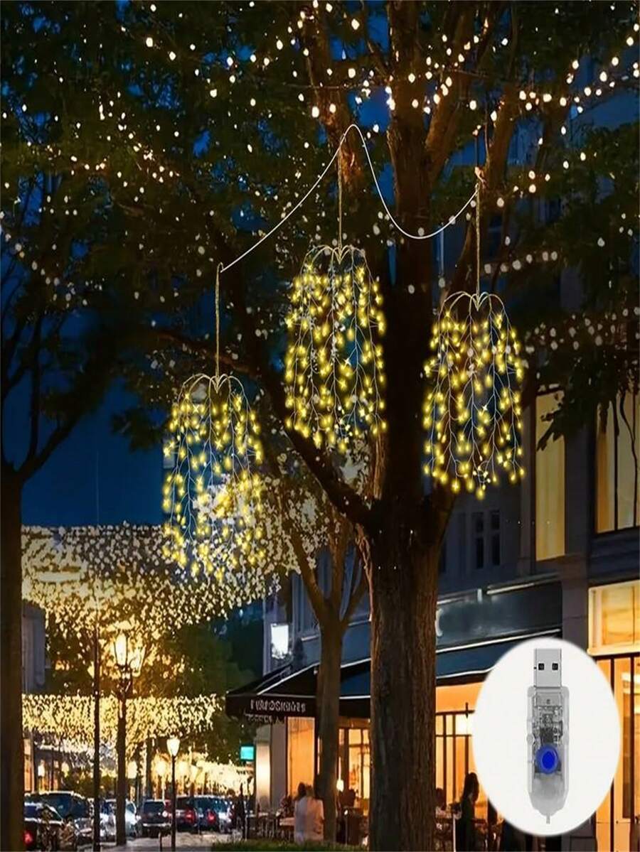 3pcs 300LED Hanging Firecracker Lights, Decorative Light String, USB Power Supply, 8 Modes, LED Indoor Lighting, Soft Copper Wire, Suitable For Roofs, Courtyards, Terraces, Christmas, Weddings, Festivals And Parties