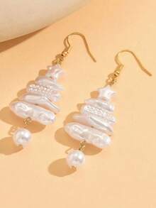 两件套优雅珍珠圣诞树和星星造型耳环，巴洛克珍珠风格，适合各种场合，完美的节日礼物 - 白色 - 查看 2