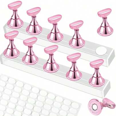 3-Piece Set (15 Pcs) - Nail Art Tray, Nail Art Stand Set (Base Only), Nail Art Press Stand, Nail Art Practice Hand Tray, Pre-Coated Nail Art Stand, Nail Art Display Rack, Home Nail Salon Starter Kit (Pink)