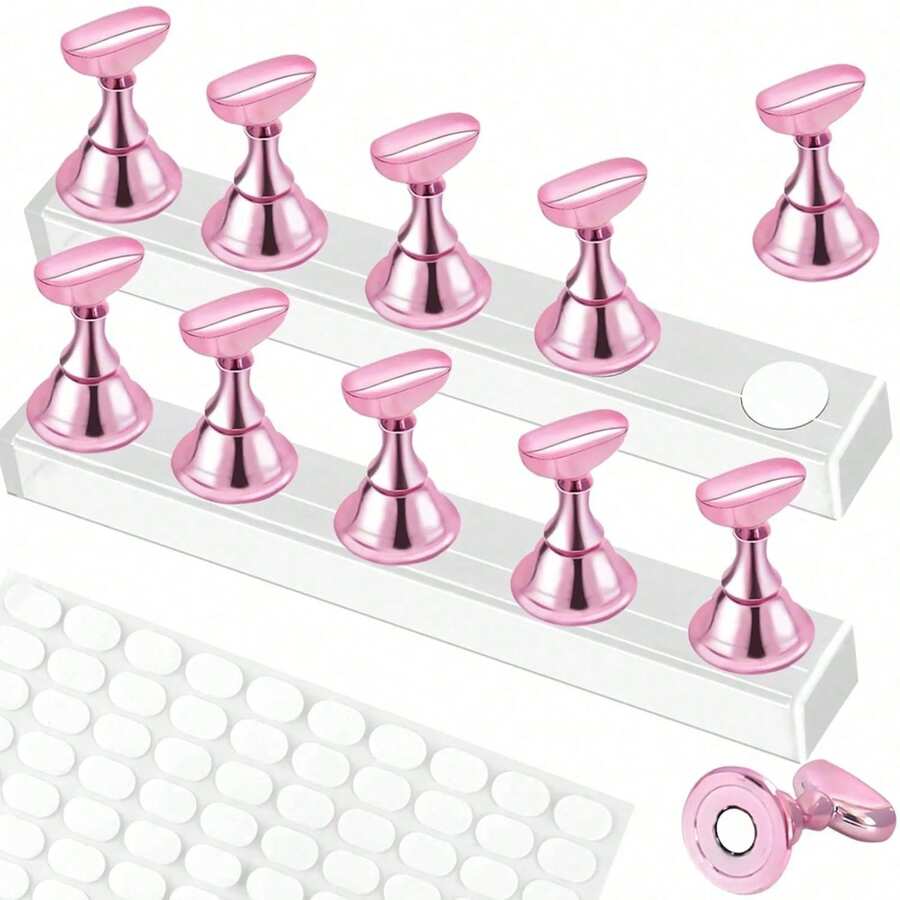 2 Sets (10pcs) - Nail Art Tray, Nail Art Stand Set (Base Only), Nail Art Press Stand, Nail Art Practice Hand Tray, Pre-Coated Nail Art Stand, Nail Art Display Rack, Home Nail Salon Starter Kit (Pink) - Multicolor - View 1
