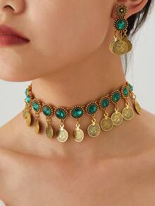 3pcs/Set Bohemian Style Jewelry Set,Peacock Charm Necklace & Square Rhinestone Earrings Suitable For Women's Parties,Daily Wear,Wedding Season Jewelry Accessories