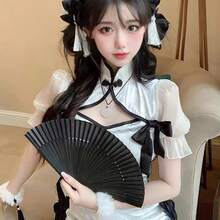 Sexy Cheongsam Dress Costume With Color Block Button Front, Ruffle Hem And Ribbon - trắng - Xem 3