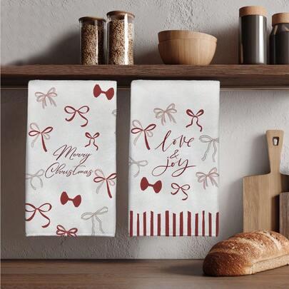 MEMNUN 2pcs Christmas Striped Red Simple Line Bow LOVE & JOY Printed Pattern Kitchen Towels, 15.75*23.62in(40*60cm) Merry Christmas Super Soft Absorbent Microfiber Modern Dish Towels, Hand Towels, Dish Cloths, Home Decor, Kitchen Decor, Christmas Decor, Cooking Baking Tea Towels, Cleaning Supplies, Suitable For Dining Room Kitchen, Christmas Holiday Decoration And Gifts, All Season