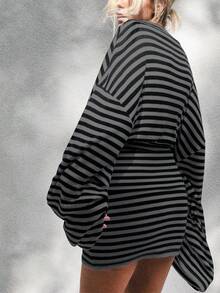 2件套条纹上衣和宽松长袖中裙套装，针织面料180克，女装，优雅条纹装，休闲简约风格 - 深灰色 - 查看 3