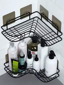 1 peça de prateleira de ferro para banheiro, organizador de prateleira de parede não perfurado, suporte para chuveiro, prateleira de cozinha, armazenamento sobre vaso sanitário, para espaços pequenos, aluguel, apartamentos, uso diário, presente de inauguração, presente de Natal, para homens, mulheres, proprietários, inquilinos - Preto - Ver 5