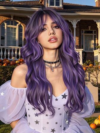 Purple Medium Part Bangs Wigs Long Curly 26-Inch Daily Simulation Scalp Natural Woman Wigs