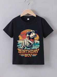 Boys' Summer Short Sleeve "Birthday Boy" Dinosaur Graphic T-Shirt - Red Casual Polyester Tee with Fun Cartoon Print for Youngsters, Boys T Shirts - Negro - Ver 1
